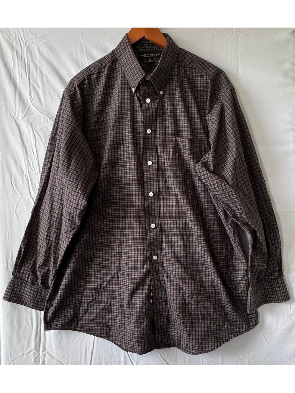 Croft & Barrow Dress Shirt Mens XL 17.5-18 Brown Plaid Check Wrinkle Resistant